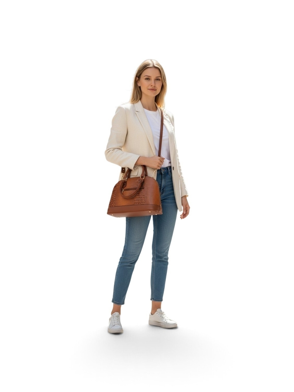 Women's Brown Woven Leather Satchel with Removable Strap